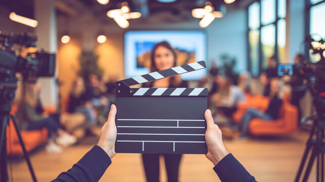 Film Clapperboard Held in Hands inside Professional Video Production Studio