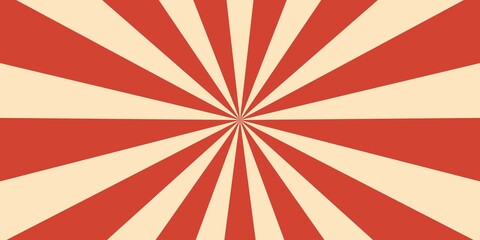 Retro red background with vintage circus sunburst. Psychedelic colorful swirl poster, abstract pattern in 70s carnival style. Hypnotic sunburst vector illustration. © Dul