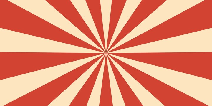 Retro red background with vintage circus sunburst. Psychedelic colorful swirl poster, abstract pattern in 70s carnival style. Hypnotic sunburst vector illustration.