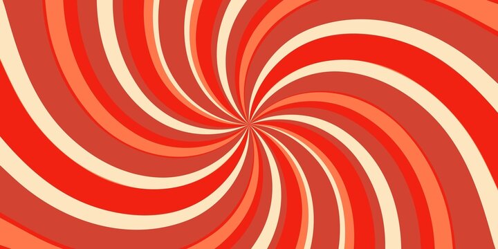 Retro red background with vintage circus sunburst. Psychedelic colorful swirl poster, abstract pattern in 70s carnival style. Hypnotic sunburst vector illustration.