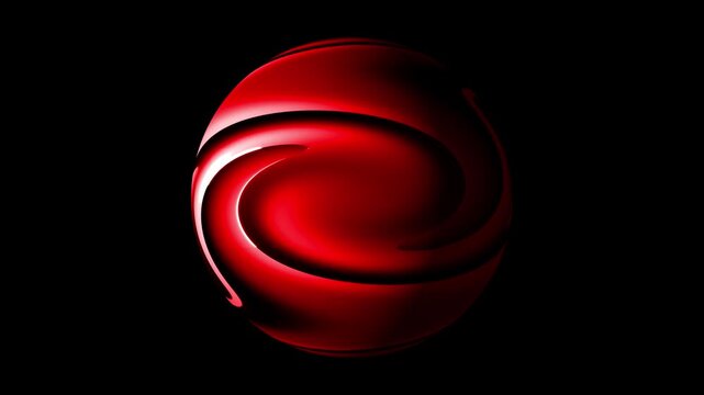 Futuristic glossy red abstract sphere with curved ribbons and dramatic neon lighting on black background
