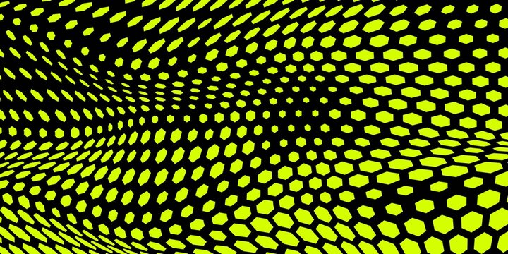 Hexagon Background Glowing Honeycomb Pattern In Yellow Black Colors for AI, Tech Digital Forum and Conference Ad Presentation. Hexagonal Modern Texture. Halftone Gradient Backdrop. Vector Abstract BG