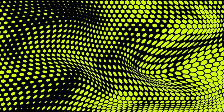 Hexagon Background Glowing Honeycomb Pattern In Yellow Black Colors for AI, Tech Digital Forum and Conference Ad Presentation. Hexagonal Modern Texture. Halftone Gradient Backdrop. Vector Abstract BG