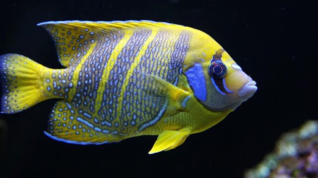 Vibrant Blueface Angelfish Swimming in Dark Aquarium
