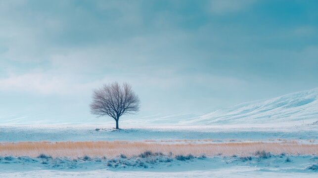 Serene winter landscape features a solitary tree amidst snowy fields, soft hills, and a cloudy blue sky