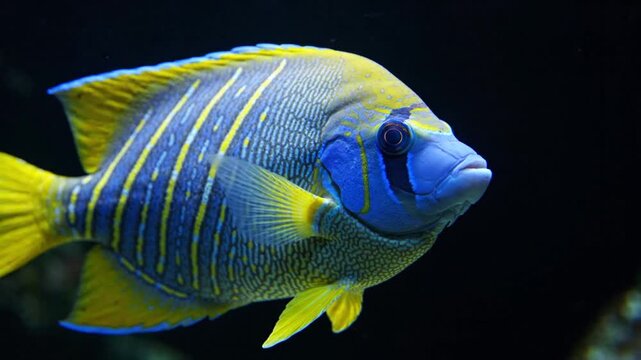 Vibrant Blue and Yellow Angelfish in Dark Water