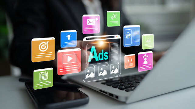 Digital Marketing Strategy with Ads Concept, Laptop Interface Showing Various Marketing Tools and Icons for Online Advertising Campaigns and Analytics Fluxor.