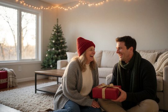 Couple exchanging Christmas gifts in a cozy living room setting, sharing a joyful moment under warm festive lights.