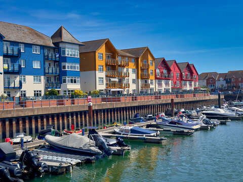 Colorful Waterfront Apartments and Boats Moored at Exmouth Marina in Devon, UK