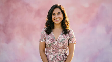 Fototapeta premium Smiling woman in floral dress posing against soft pink textured background for portrait photography session