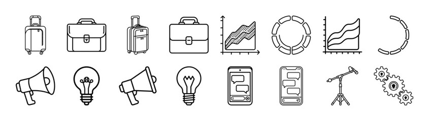 black simple line icons in two rows with technology and business elements isolated on transparent background © ika herika