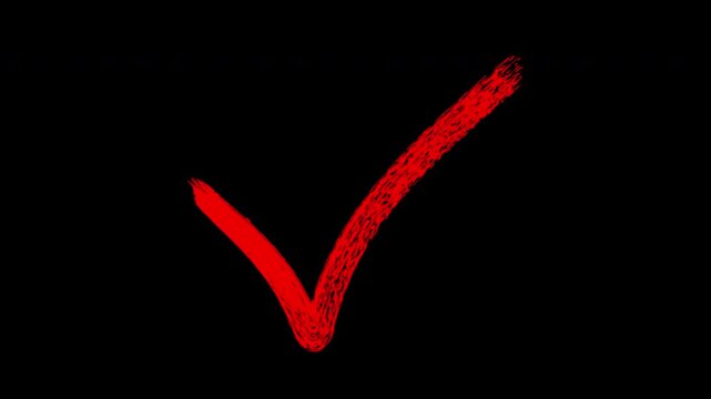 Hand-drawn red checkmark animation on transparent background, approval symbol motion tick
