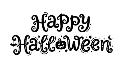 Fototapeta premium Halloween Happy Halloween hand drawn lettering, spooky holiday typography with pumpkin and bat, decorative black ink calligraphy vector for cards vector