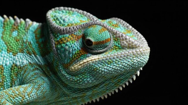Vibrant Veiled Chameleon Macro Close-up on Black