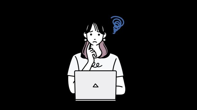パソコン作業に困っている女性が笑顔になるイラストアニメーション・上半身の感情表現動画・透過背景