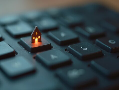 Small house standing on a backlit keyboard key