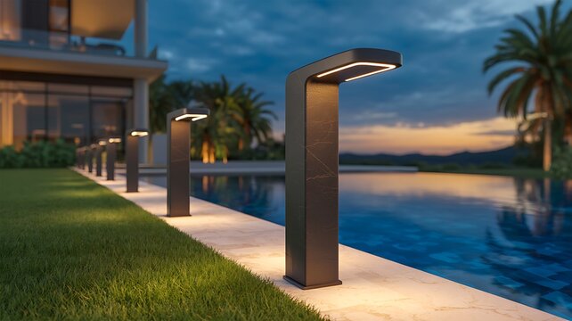 Contemporary modern led path lighting along swimming pool edge at sunset with lighting landscape architecture exterior