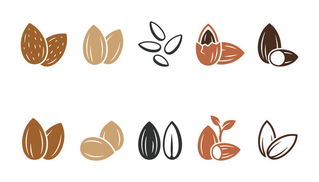 Almond Nut and Seed Product Set Featuring Whole Kernels Sliced Halves Sprout and Shell Graphics for Healthy Snack Food Grocery and Agriculture Media