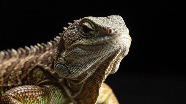 Macro Portrait of a Green Iguana Blinking on Black Background