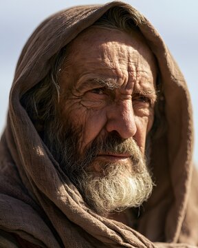 Closeup portrait of a wise, weathered old man with a long grey beard and hooded robe, looking contemplatively
