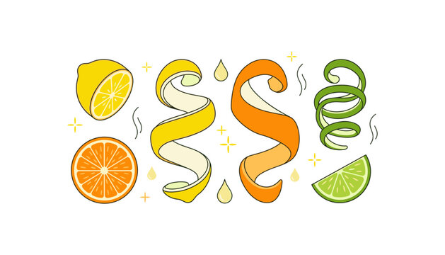 Fresh citrus fruit peel spiral ribbons vector illustration set featuring orange slices lemon halves lime wedges and juice droplets on white background