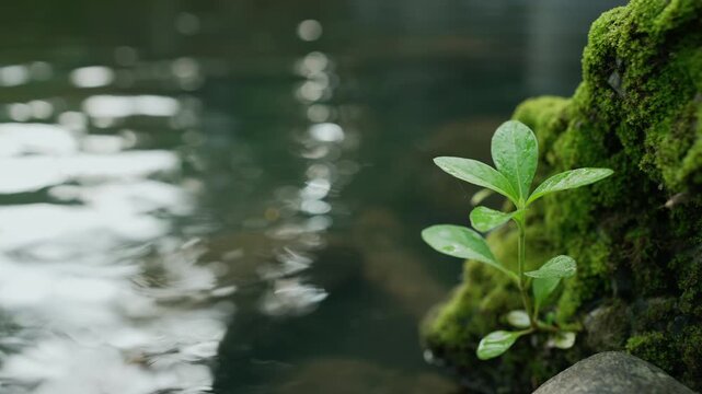 Close up of small plant and delicate spiderweb on mossy rock boulder by rippling stream with soft water bokeh in morning forest, pristine nature concept