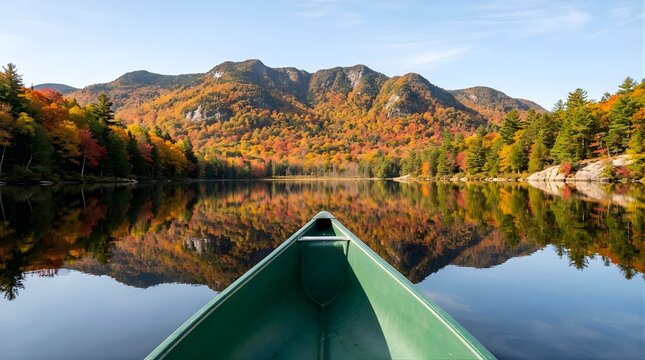 Canoe bow floating on a calm mountain lake during autumn foliage season