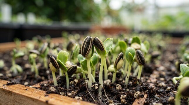 Young sunflower sprouts growing in greenhouse soil tray, organic microgreens seedling nursery, spring gardening and agriculture
