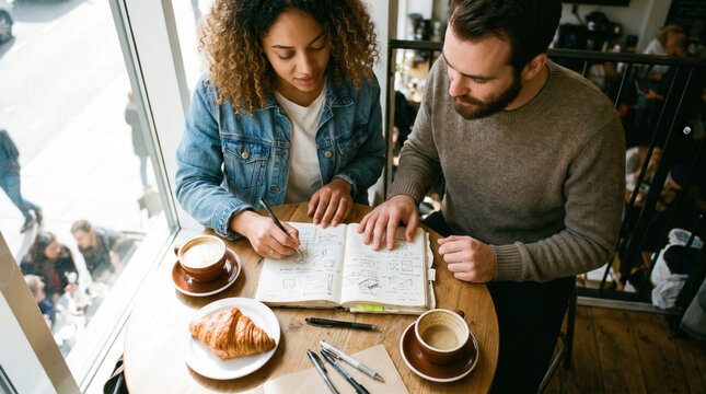 Woman man collaborating cafe blueprint woman and man collaborating over architectural plan at cafe table with coffee, pastry, pen, focused expression near window