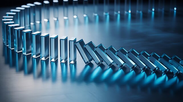 Abstract representation of falling glass dominoes in a row creating a chain reaction effect with blue lighting and reflections on a dark surface