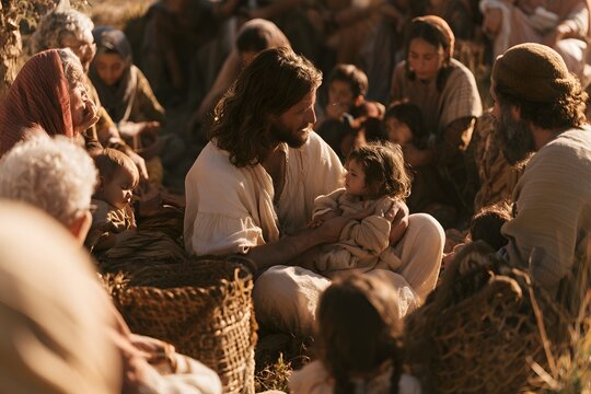 Jesus christ with children among a crowd of followers in a humble outdoor setting, bathed in golden light