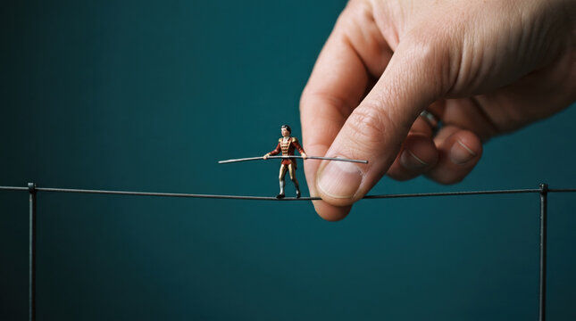 Hand tightrope walker balance support miniature wire risk focus courage scene with human finger steadying tiny performer on rope against teal background careful guidance and safety