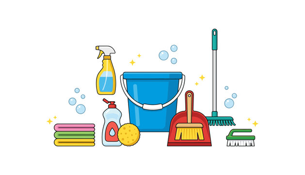 Housekeeping cleaning supplies vector illustration set featuring bucket spray bottle detergent sponge towels dustpan broom and brush with soap bubbles and sparkles on white background