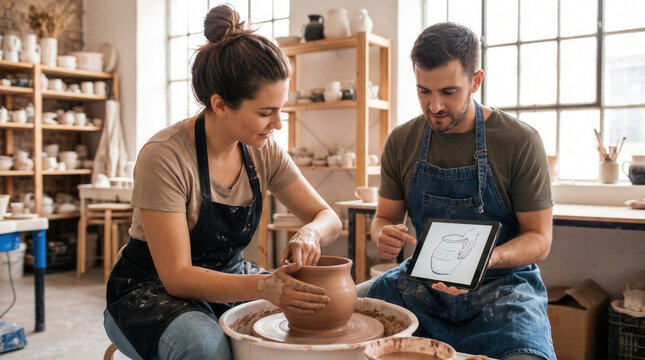Craft clay colleague table pottery studio artisan ceramic workshop apron, focused people shaping earthenware on wheel with tablet sketch, shelf, tool, window light