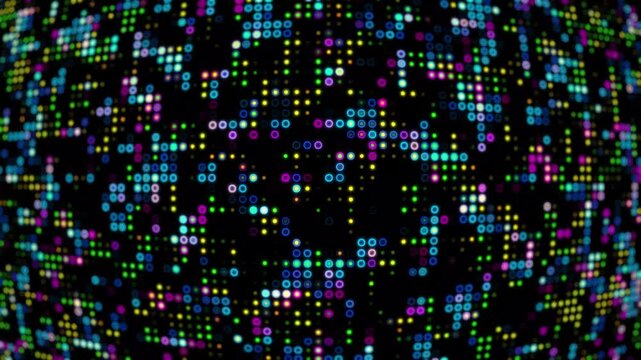 Abstract loopable background on black background with bright warm lamps pulsing in patterns, perfect for music videos, club events, and show intros, concert visuals and dynamic stage backgrounds. 4k