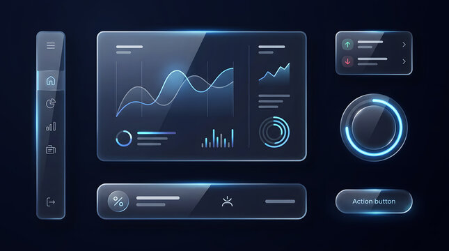 Futuristic Glass morphism UI UX Dashboard Interface Kit with Data Graphs and Control Widgets