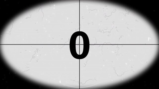 Vintage Old Film Countdown from 5 to 0 with Classic Projector Spotlight, Film Grain, Dust and Scratched Monochrome Cinema Texture.