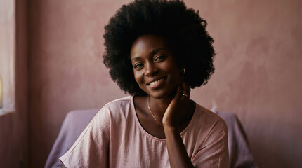 Fototapeta premium Smiling young woman with afro hairstyle resting her chin on hand in a softly lit room