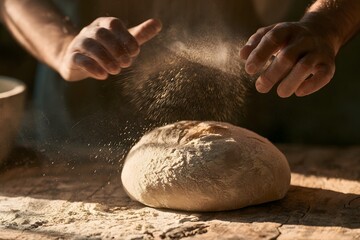 Fototapeta premium Artisan sourdough bread being dusted with flour