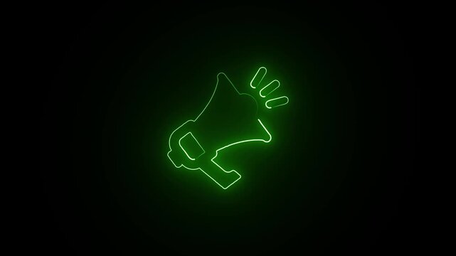 Glowing green neon megaphone icon animation on black background for digital marketing.