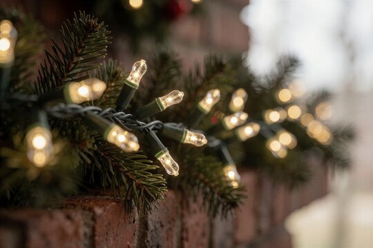 Close-up of warm white LED lights woven into a holiday garland draped over a rustic brick fireplace mantel, perfect for Christmas decor.