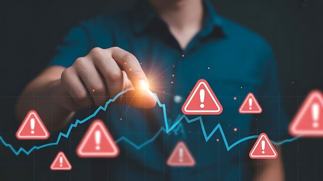 Business pointing at a digital financial graph with red warning signs, risk management and market volatility analysis concept, dark background