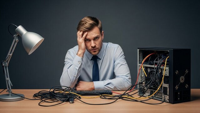 Frustrated Businessman with Computer Cables and Open PC