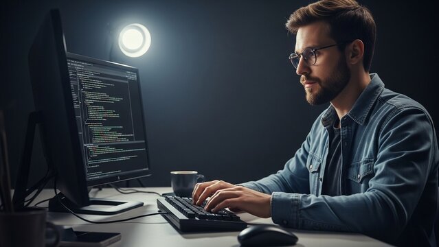 Programmer coding on computer at night, focused on screen with code, modern office desk