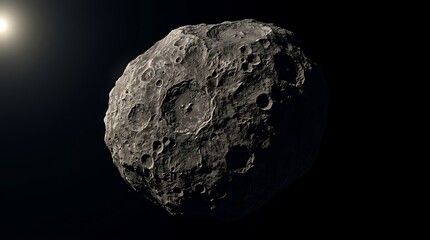 Fototapeta premium A detailed close-up view of a cratered asteroid floating in deep space.