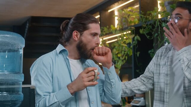 Two diversity men Caucasian business man relax drinking coffee Indian male talking secret on ear amazing secrecy information break pause startup space friends guys businessmen talk whispering gossip