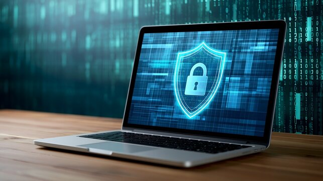 secure online banking cybersecurity concept with a laptop displaying an abstract financial interface protected by a glowing digital shield and padlock, encrypted data streams in the background,