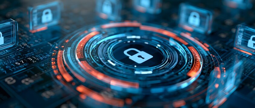 zero trust security concept with a futuristic digital gateway surrounded by multiple glowing security barriers, encrypted data moving through protected network channels, dark blue cyber environment,