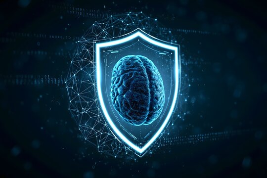 artificial intelligence cybersecurity concept with a futuristic AI core protected by a luminous shield, interconnected neural network patterns surrounding the system, encrypted digital particles,