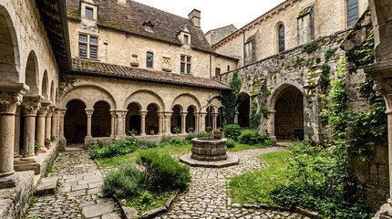 Fototapeta premium Ancient stone cloister with a central water well in a medieval French abbey.